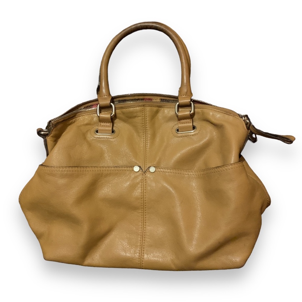 Tignanello Tan Purse Double Handle Shoulder Bag Multicolored Lining Many Pocket